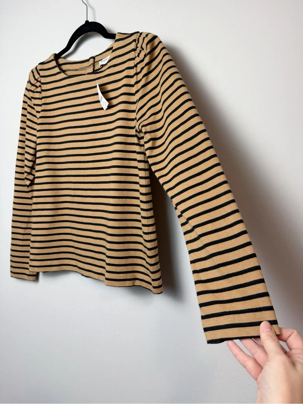 J. Crew Camel/Black Stripe Puff Sleeve Button Back Top